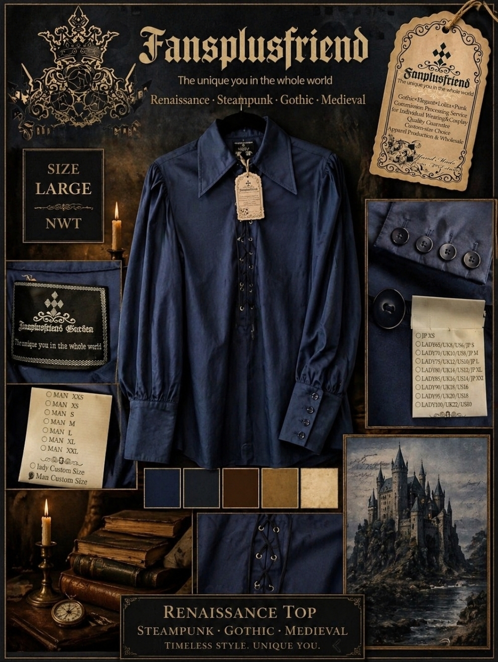 Sz Large NWT Navy Fansplusfriend Renaissance Top Steampunk Gothic Medieval - Picture 14 of 14